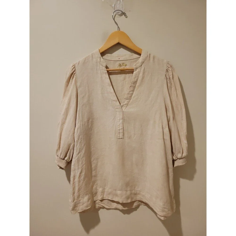 Lilly Pulitzer Mialeigh Top Women’s 10 Beige Linen Blend Puff Sleeve Blouse
